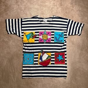 Vintage 80s Victoria Jones Multicolor Nautical Patchwork Striped Shirt Beaded